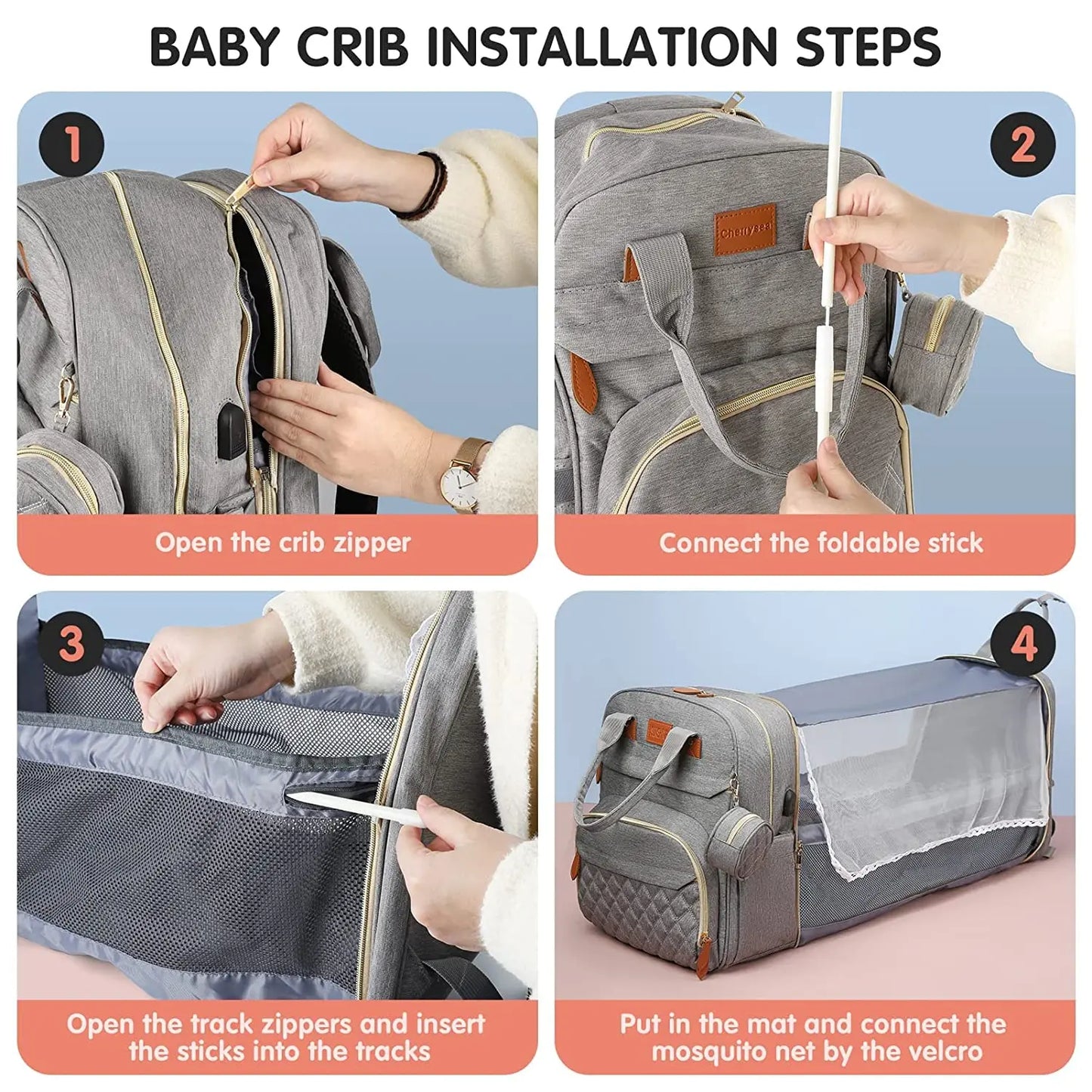 3-in-1 Water Proof Baby Travel Diaper Backpack with USB