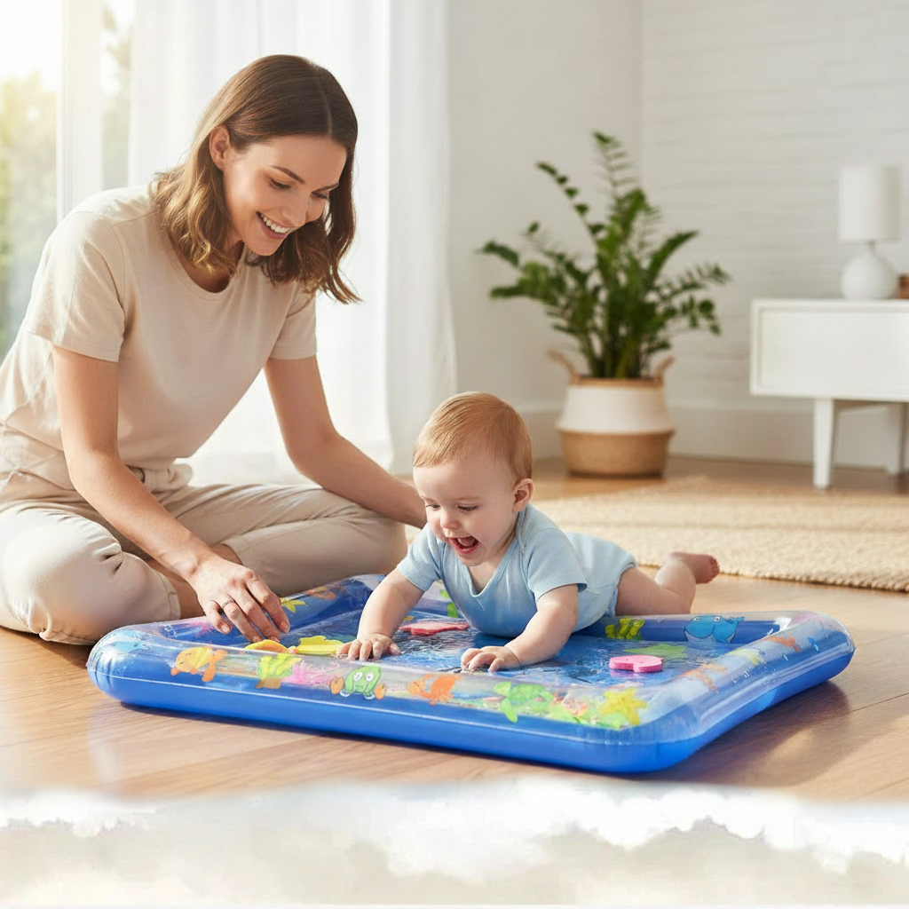 Happy baby laughing during tummy time on the Ryanora Ocean Splash water play mat with mum